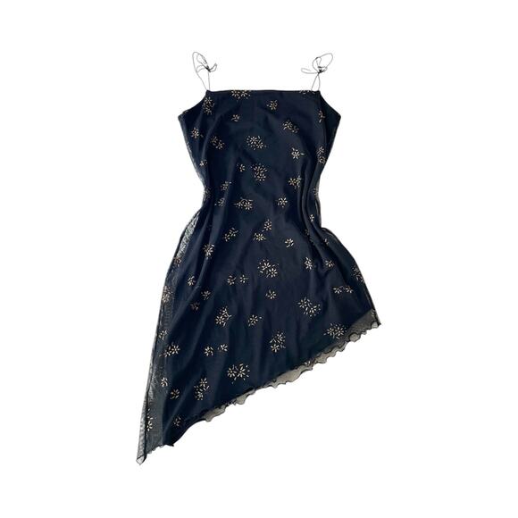 Vintage Party asymmetrical dress with golden floral details, tie straps, sheer - Picture 5 of 8